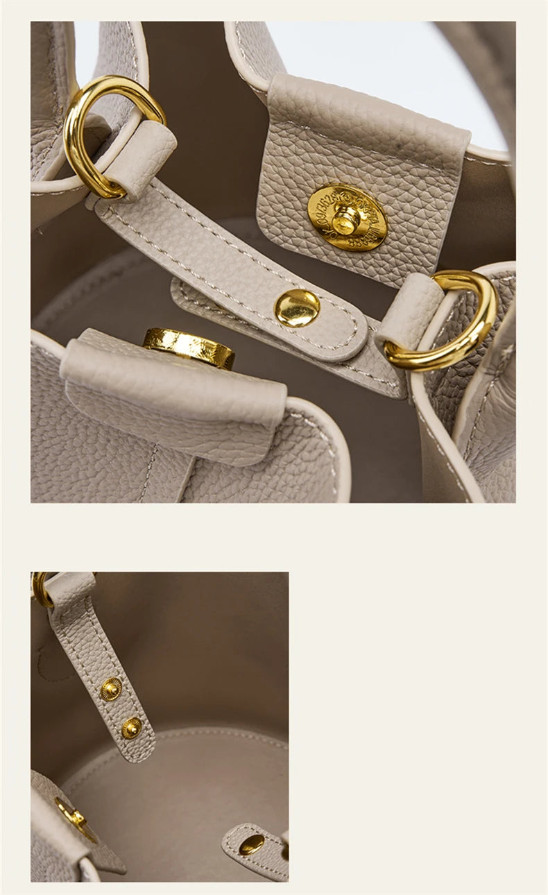 Hifashion Cowhide Genuine Leather Bucket Small Shoulder Bags For Women 2025 Luxury Designer Crossbody Purse Tote Ladies Handbags