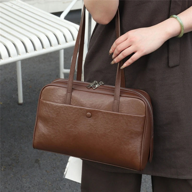 Hifashion Retro Genuine Leather Bowling Underarm Shoulder Bags For Women 2025 Luxury Designer Large Pillow Tote Ladies Handbags