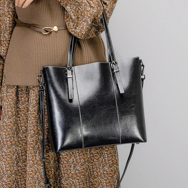 Hifashion Vintage Cow Genuine Leather Large Tote Bags For Women 2025 Luxury Designer Shopping Shoulder Bags Work Ladies Handbags