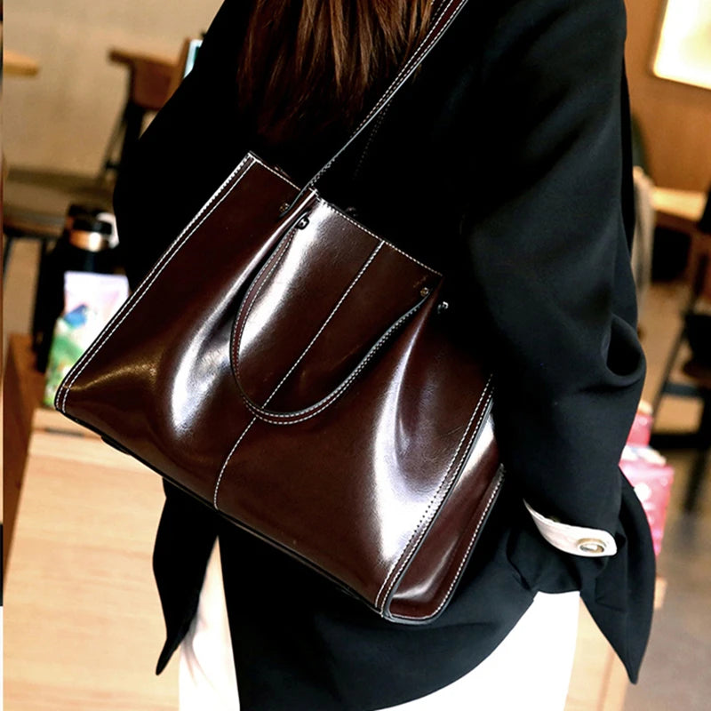 Hifashion Vintage Genuine Leather Large Shoulder Tote Bags For Women 2025 Trend Designer Oil Wax Shopper Office Ladies Handbags