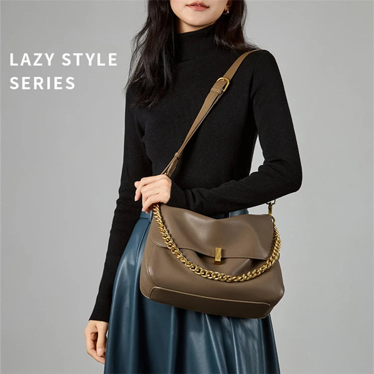 Hifashion Retro Genuine Leather Large Chain Shoulder Bags For Women 2025 Luxury Designer Messenger Satchel Work Ladies Handbags