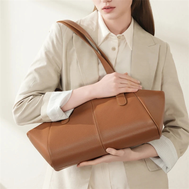 Hifashion 100% Real Genuine Leather Large Tote Shoulder Bags For Women 2025 Luxury Designer Trapeze Shopper Work Ladies Handbags