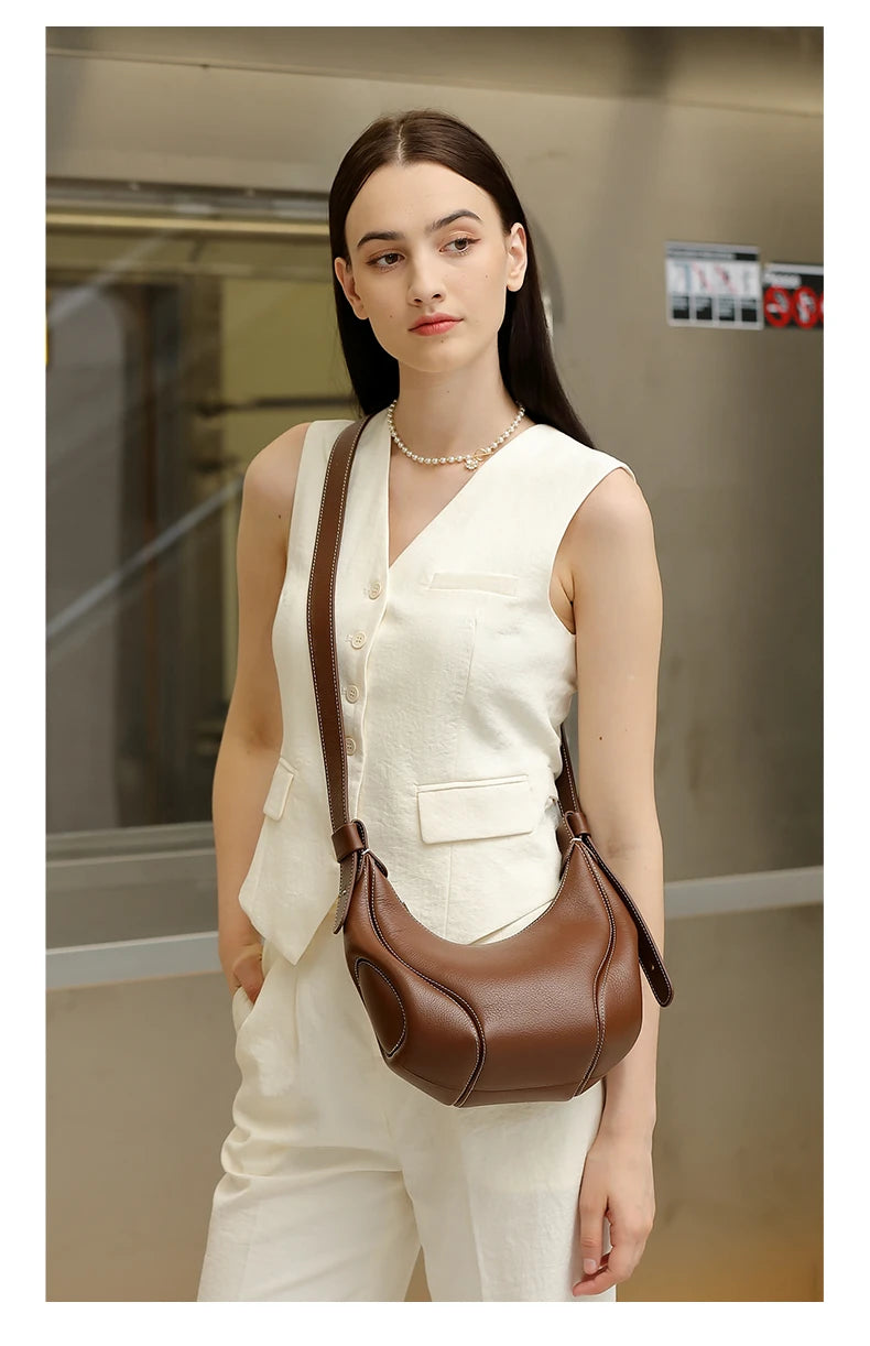 Hifashion Cowhide Genuine Leather Half Moon Crossbody Shoulder Bags For Women 2025 Trend Designer Hobo Underarm Ladies Handbags
