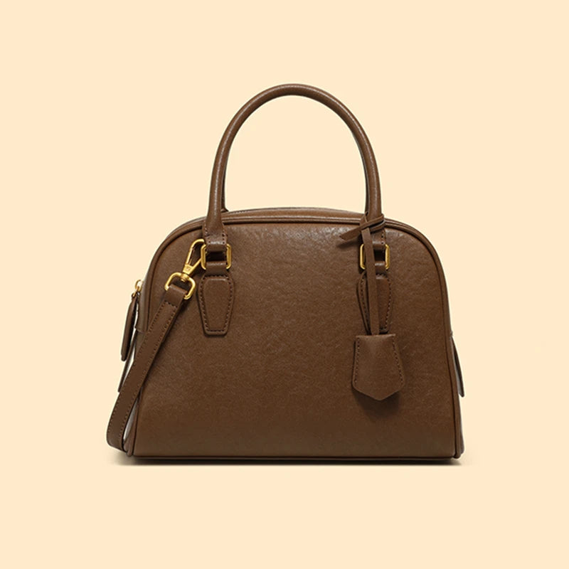 Hifashion Vintage Genuine Leather Bowling Tote Handbags For Women 2025 Luxury Designer Shell Work Ladies Shoulder Crossbody Bags