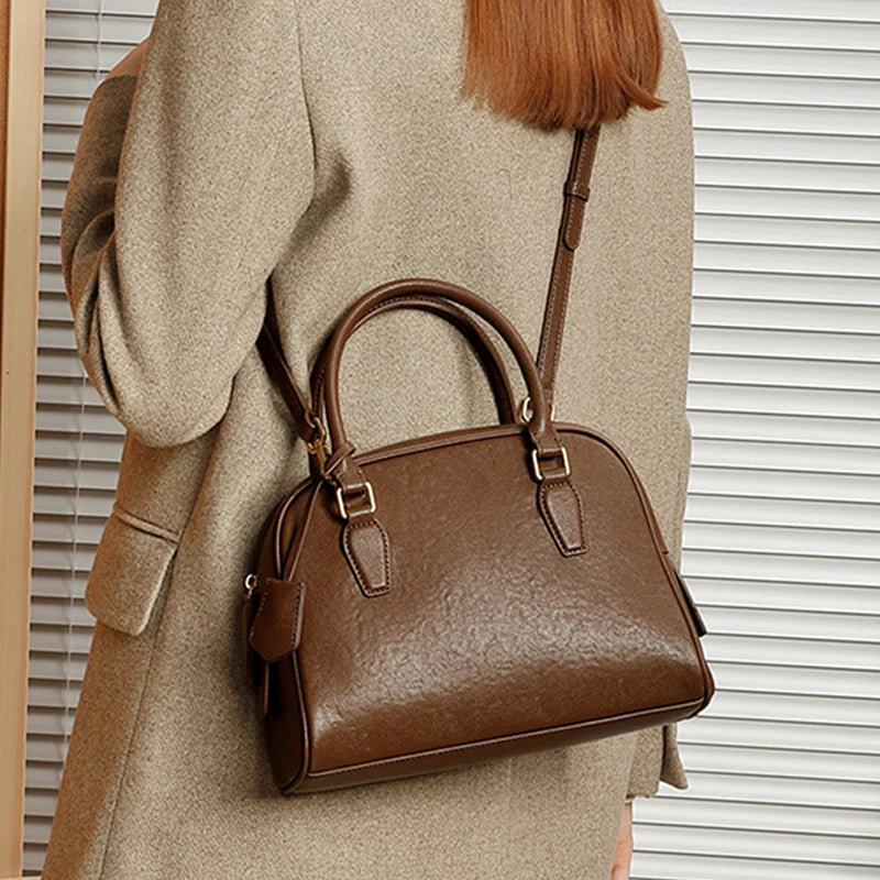 Hifashion Vintage Genuine Leather Bowling Tote Handbags For Women 2025 Luxury Designer Shell Work Ladies Shoulder Crossbody Bags