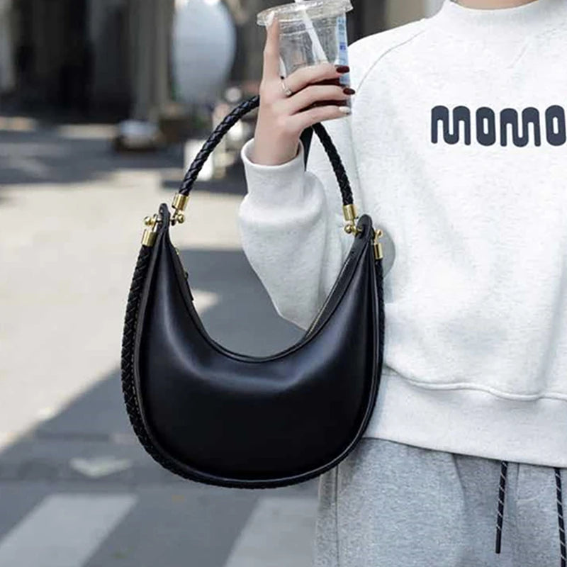 Hifashion Cowhide Genuine Leather Crescent Moon Underarm Shoulder Bags For Women 2025 Luxury Designer Woven Tote Ladies Handbags