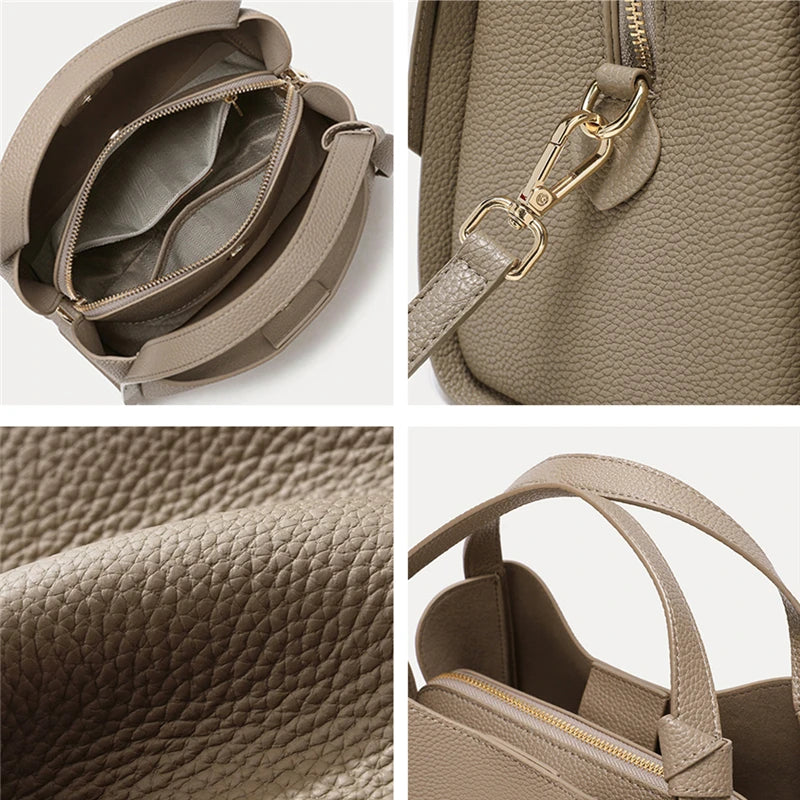 Hifashion Vintage Cow Genuine Leather Bucket Tote Shoulder Bags For Women 2025 Luxury Designer Shopper Crossbody Ladies Handbags