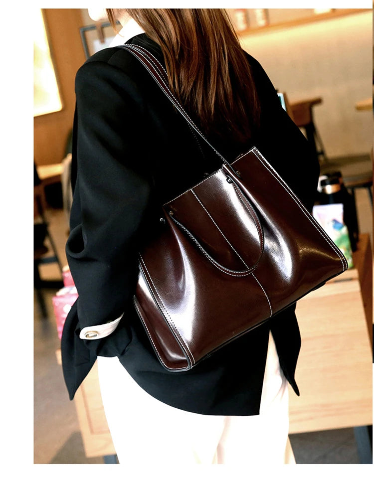 Hifashion Vintage Genuine Leather Large Shoulder Tote Bags For Women 2025 Trend Designer Oil Wax Shopper Office Ladies Handbags