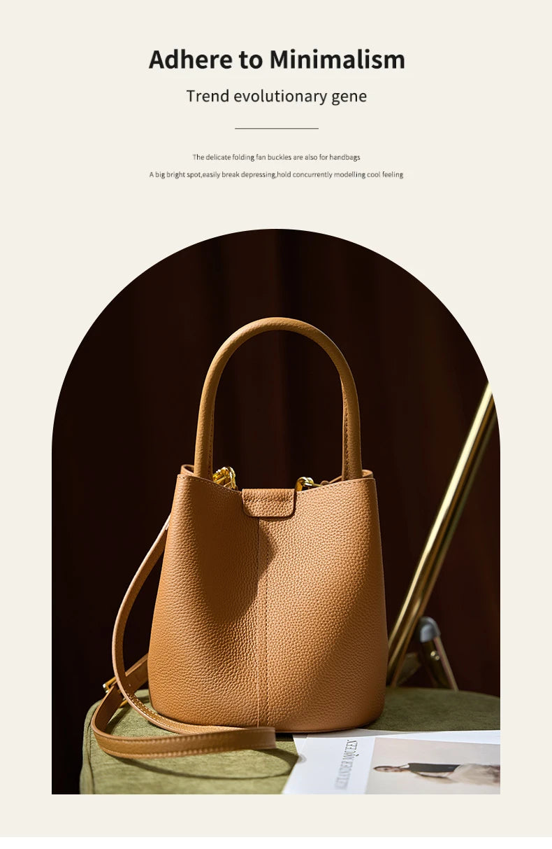 Hifashion Cowhide Genuine Leather Bucket Small Shoulder Bags For Women 2025 Luxury Designer Crossbody Purse Tote Ladies Handbags