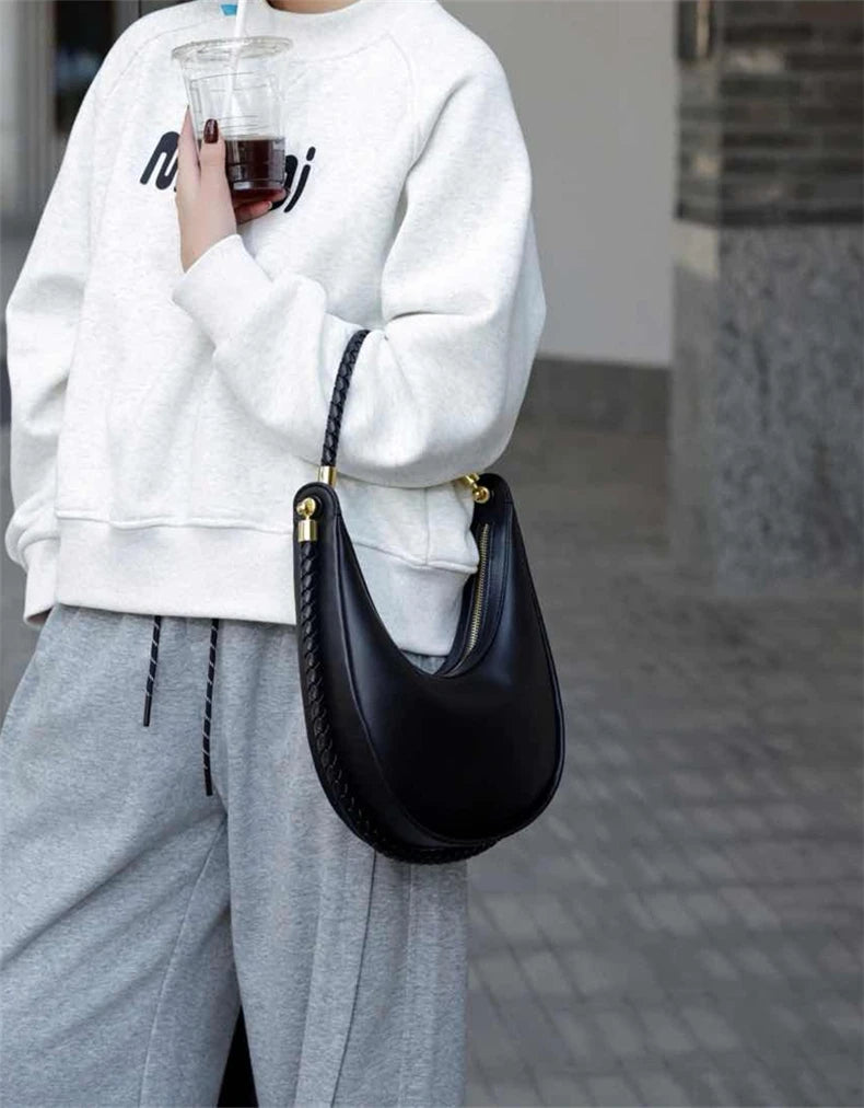 Hifashion Cowhide Genuine Leather Crescent Moon Underarm Shoulder Bags For Women 2025 Luxury Designer Woven Tote Ladies Handbags