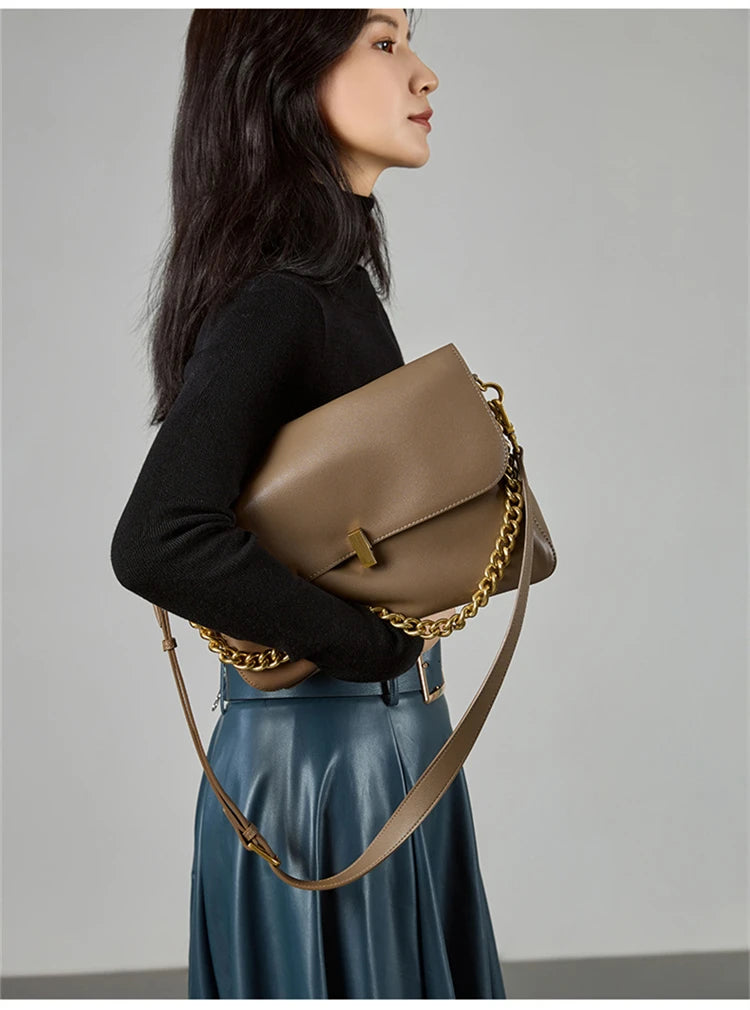 Hifashion Retro Genuine Leather Large Chain Shoulder Bags For Women 2025 Luxury Designer Messenger Satchel Work Ladies Handbags