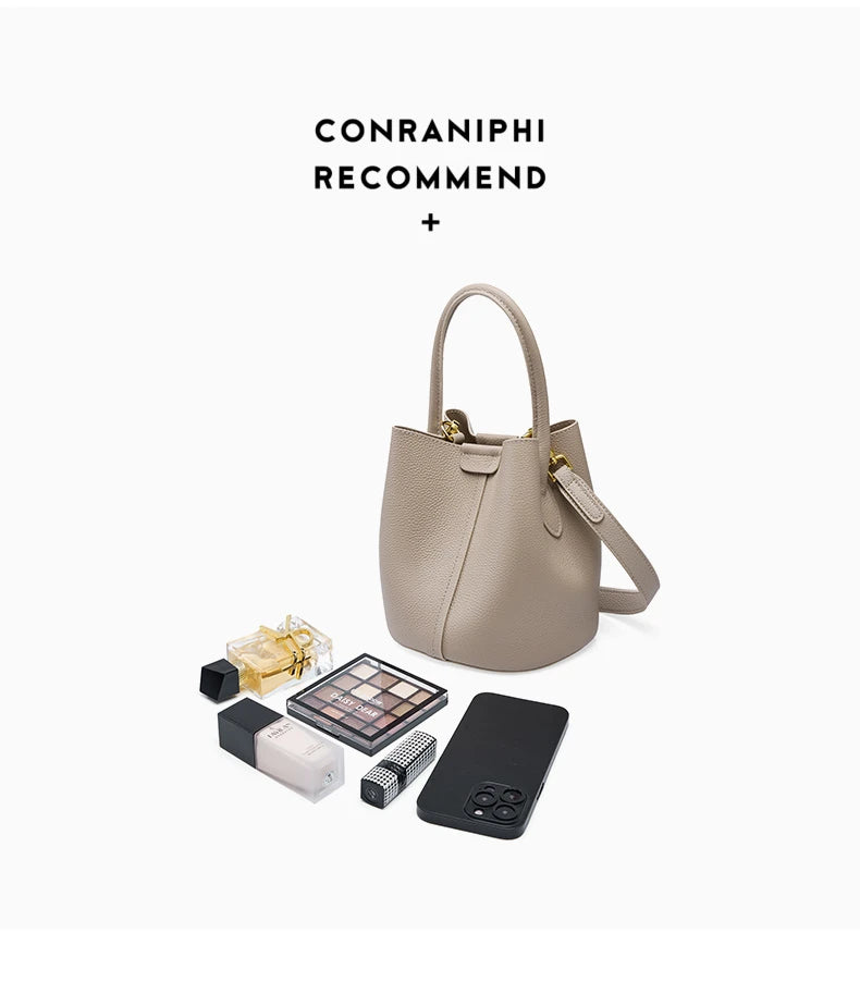 Hifashion Cowhide Genuine Leather Bucket Small Shoulder Bags For Women 2025 Luxury Designer Crossbody Purse Tote Ladies Handbags