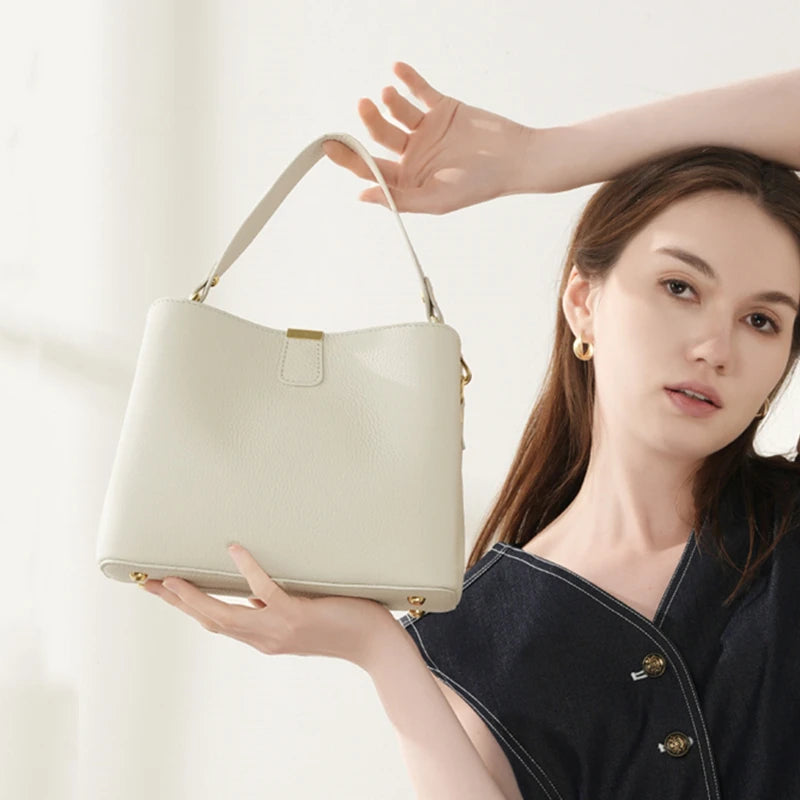 Hifashion 100% Cow Genuine Leather Bucket Shoulder Crossbody Bags For Women 2025 Luxury Designer Wide Strap Tote Ladies Handbags
