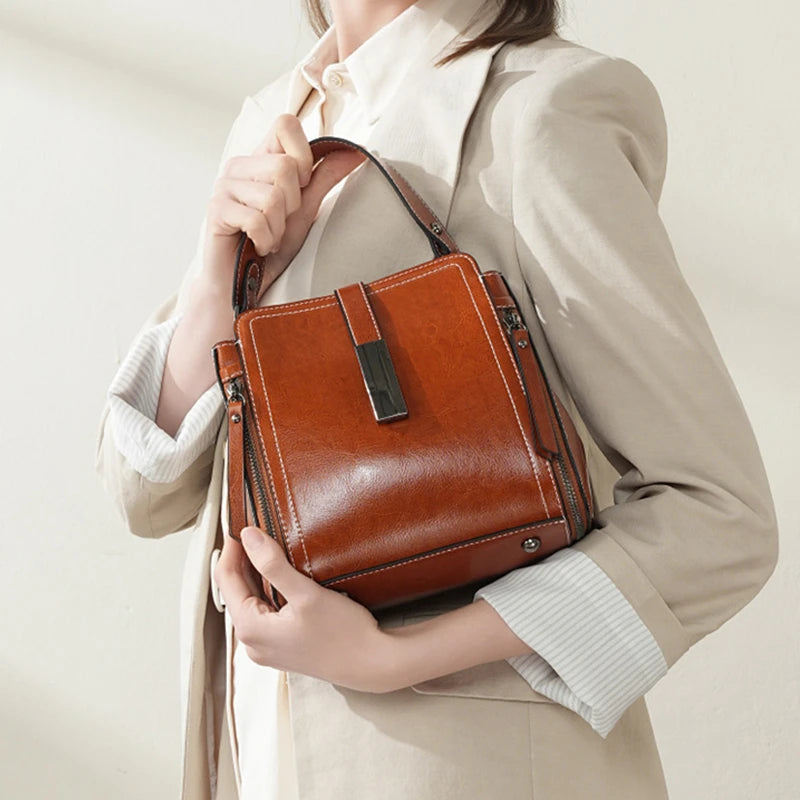 Hifashion Vintage Cow Genuine Leather Small Shoulder Bags For Women 2025 Luxury Designer Crossbody Purses Bucket Ladies Handbags