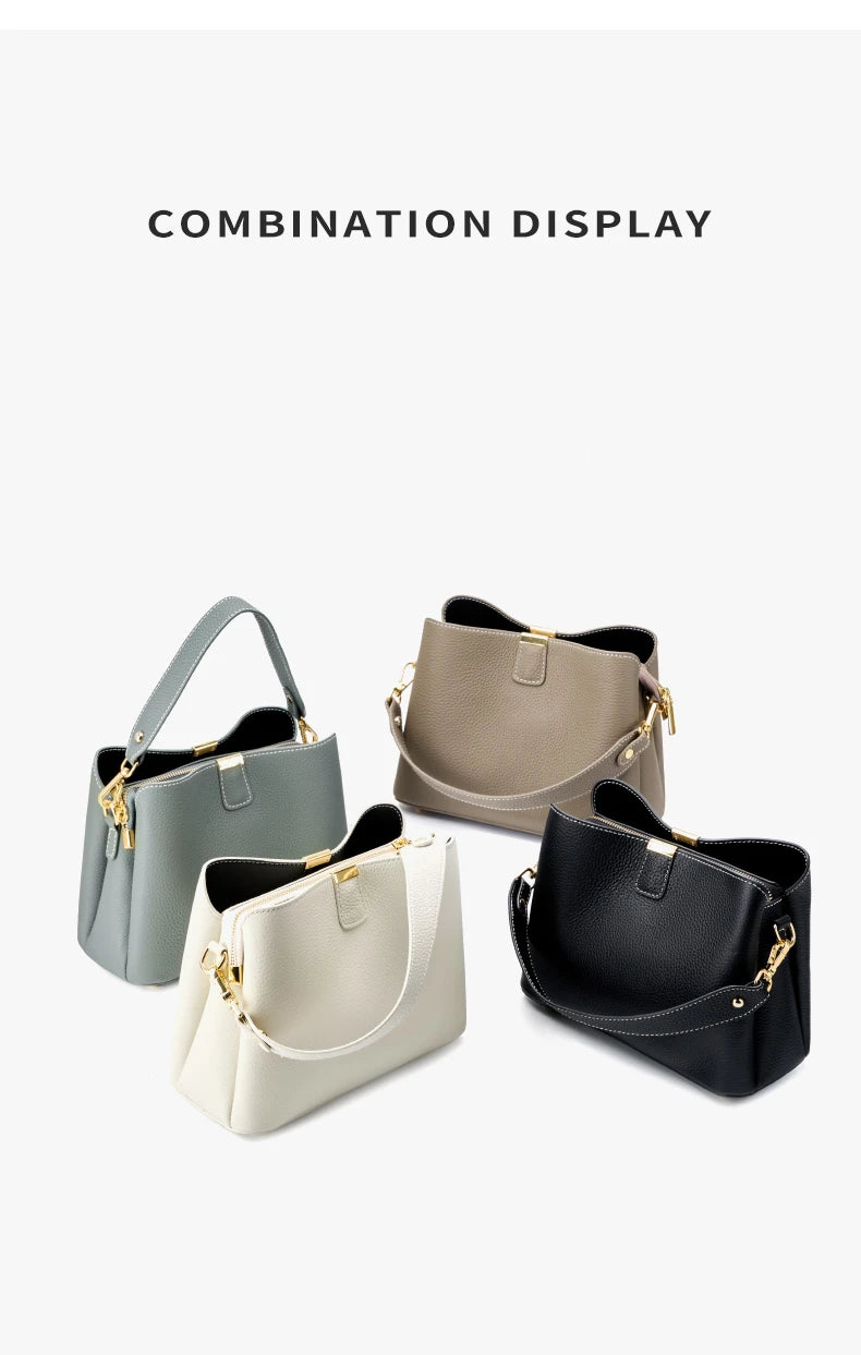 Hifashion 100% Cow Genuine Leather Bucket Shoulder Crossbody Bags For Women 2025 Luxury Designer Wide Strap Tote Ladies Handbags