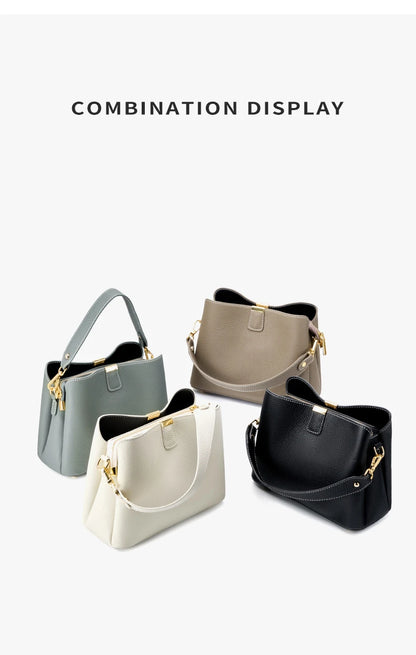 Hifashion 100% Cow Genuine Leather Bucket Shoulder Crossbody Bags For Women 2025 Luxury Designer Wide Strap Tote Ladies Handbags